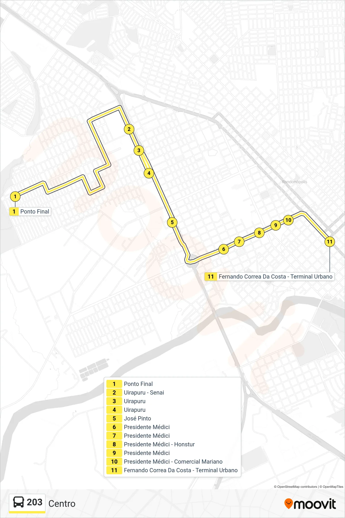 Rota e paradas da linha de ônibus 203 (Centro) no mapa