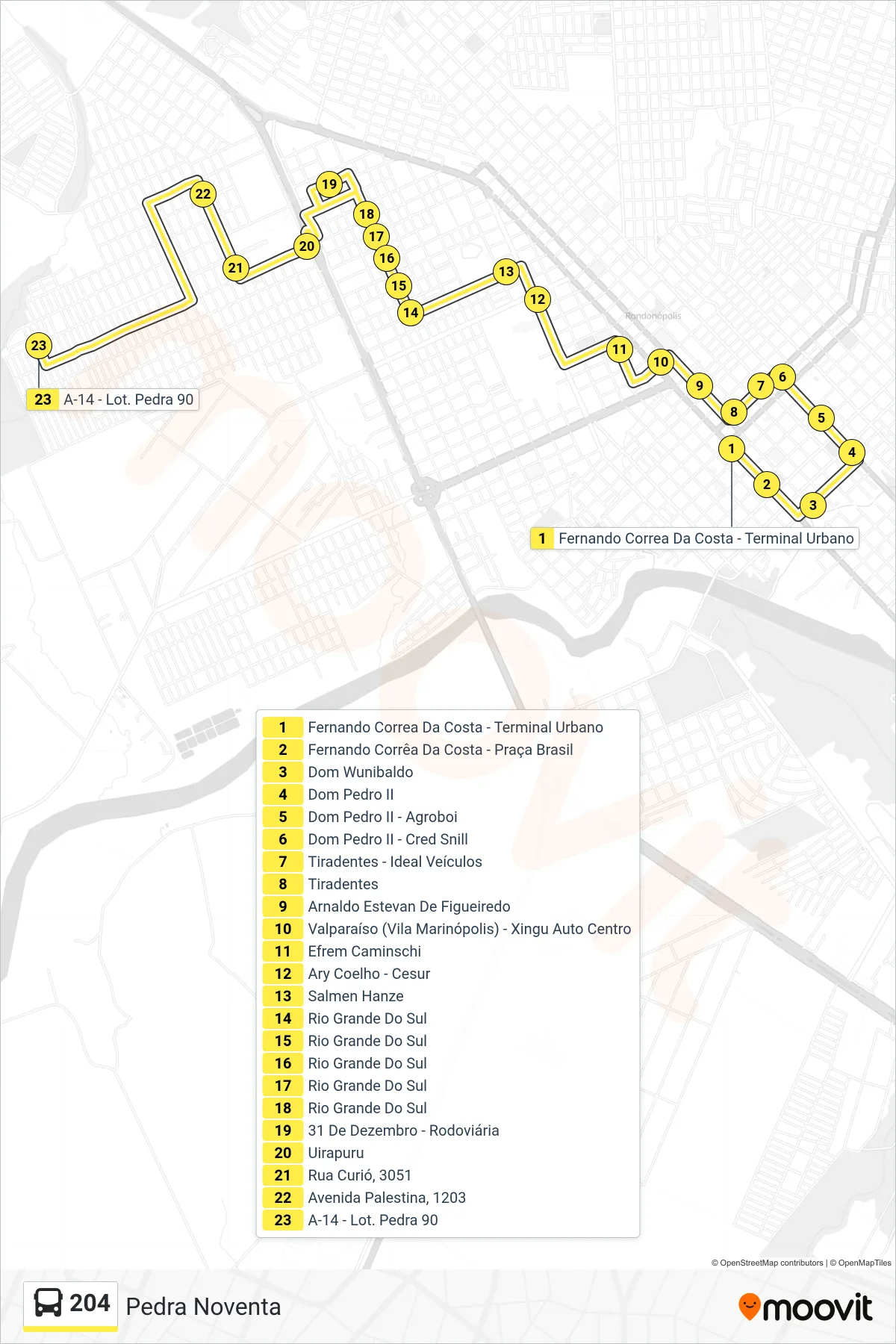 Rota e paradas da linha de ônibus  204  (Pedra Noventa) no mapa