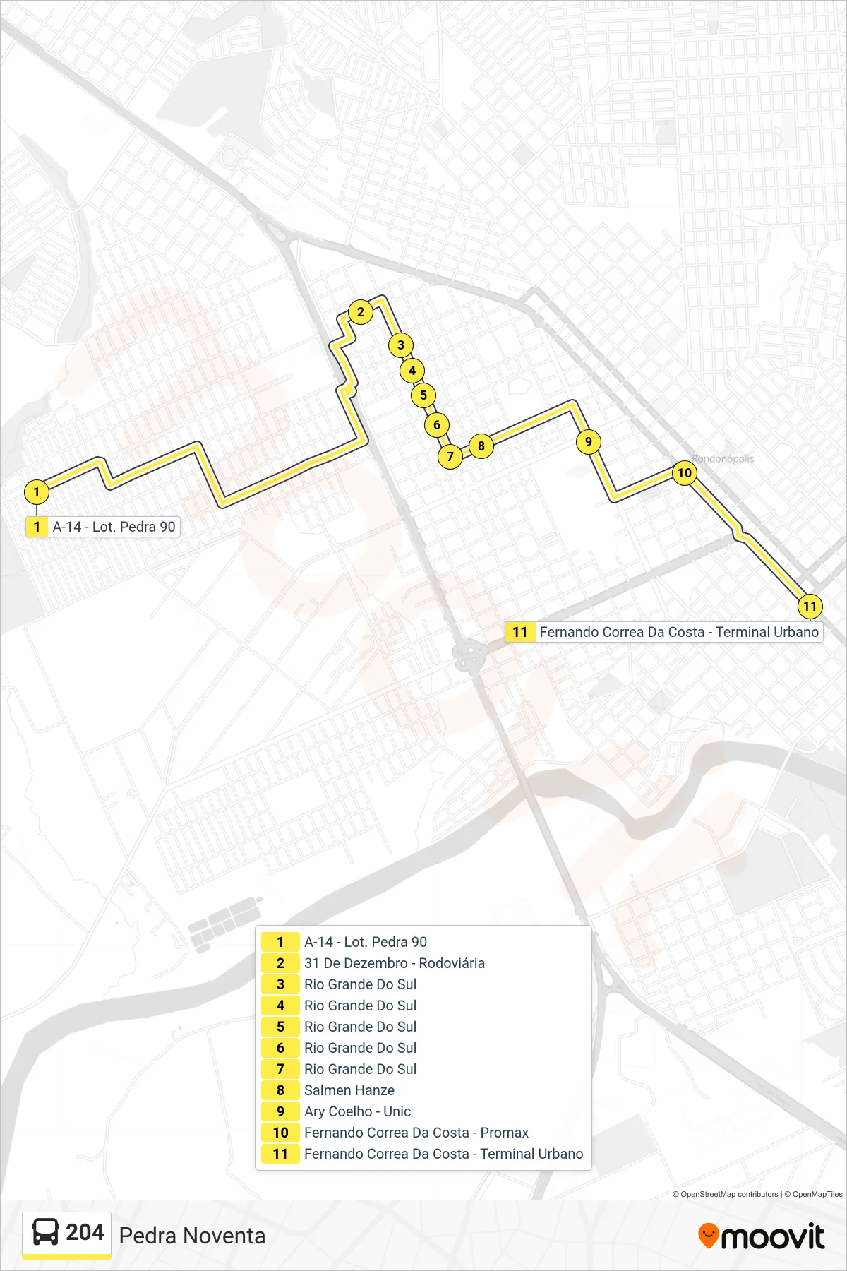 Rota e paradas da linha de ônibus 204 (Centro) no mapa