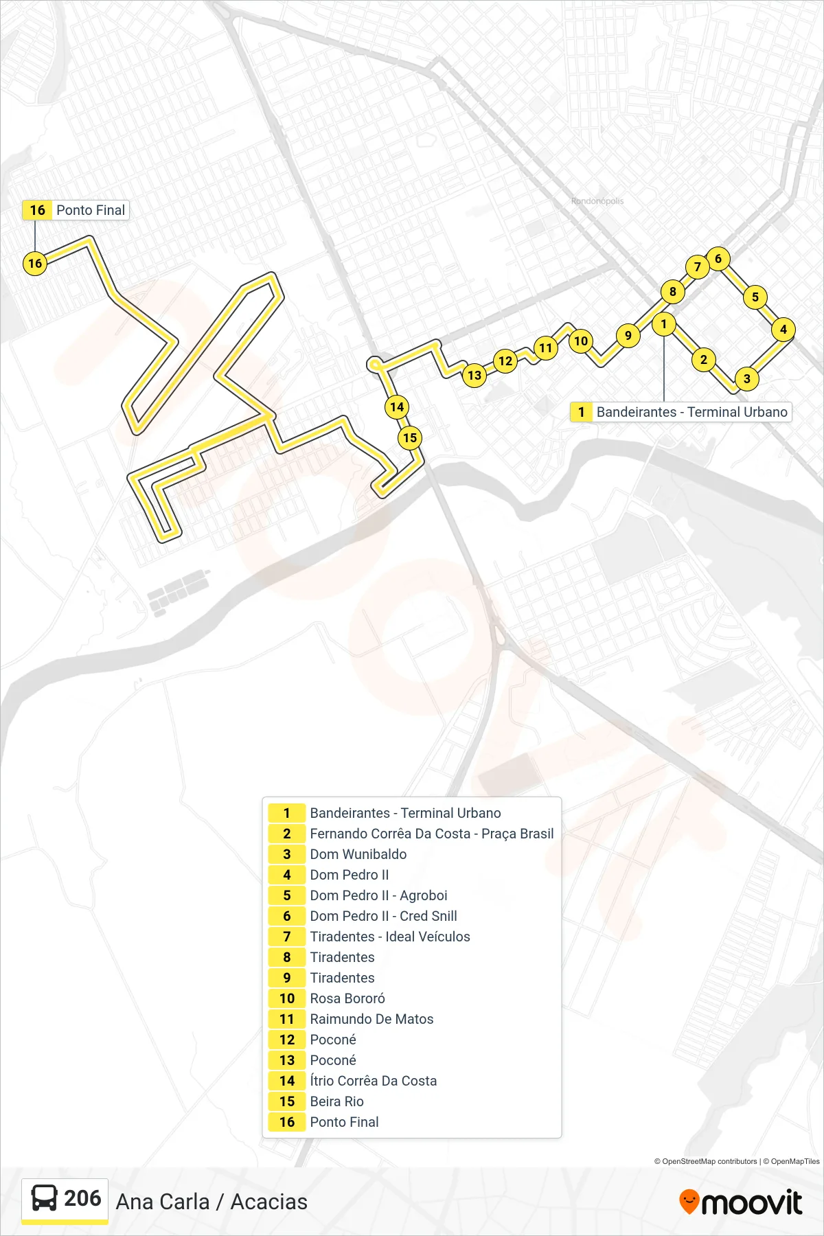 Rota e paradas da linha de ônibus 206 (Ana Carla / Acacias) no mapa