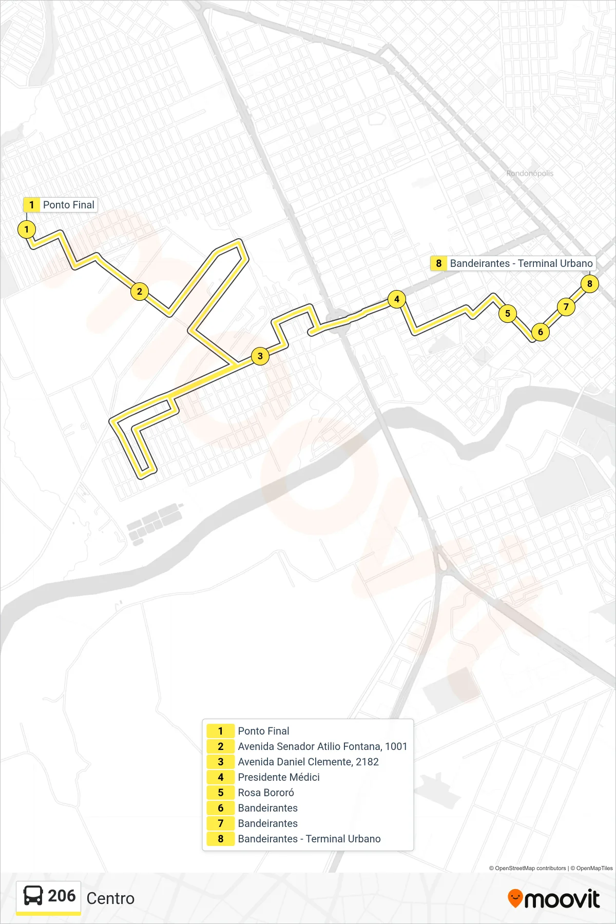 Rota e paradas da linha de ônibus  206  (Centro) no mapa