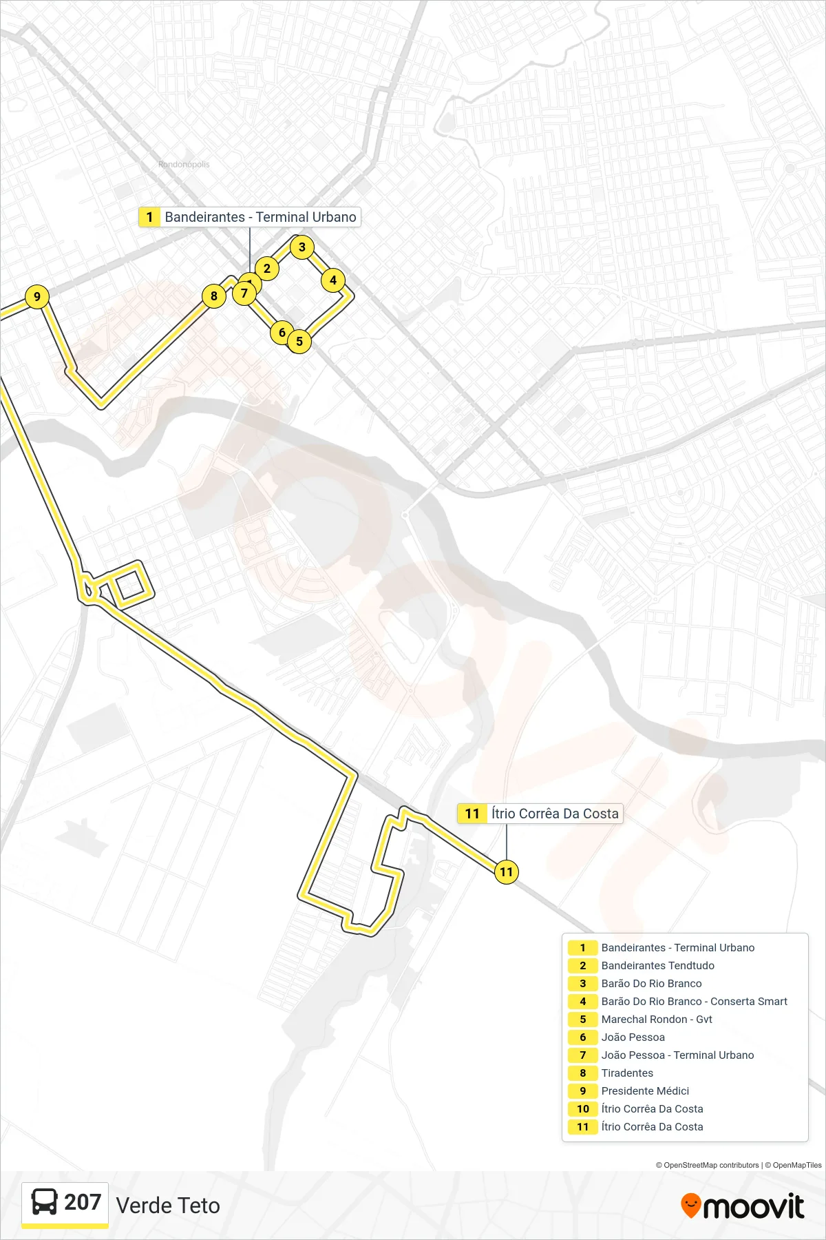 Rota e paradas da linha de ônibus 207 (Verde Teto) no mapa