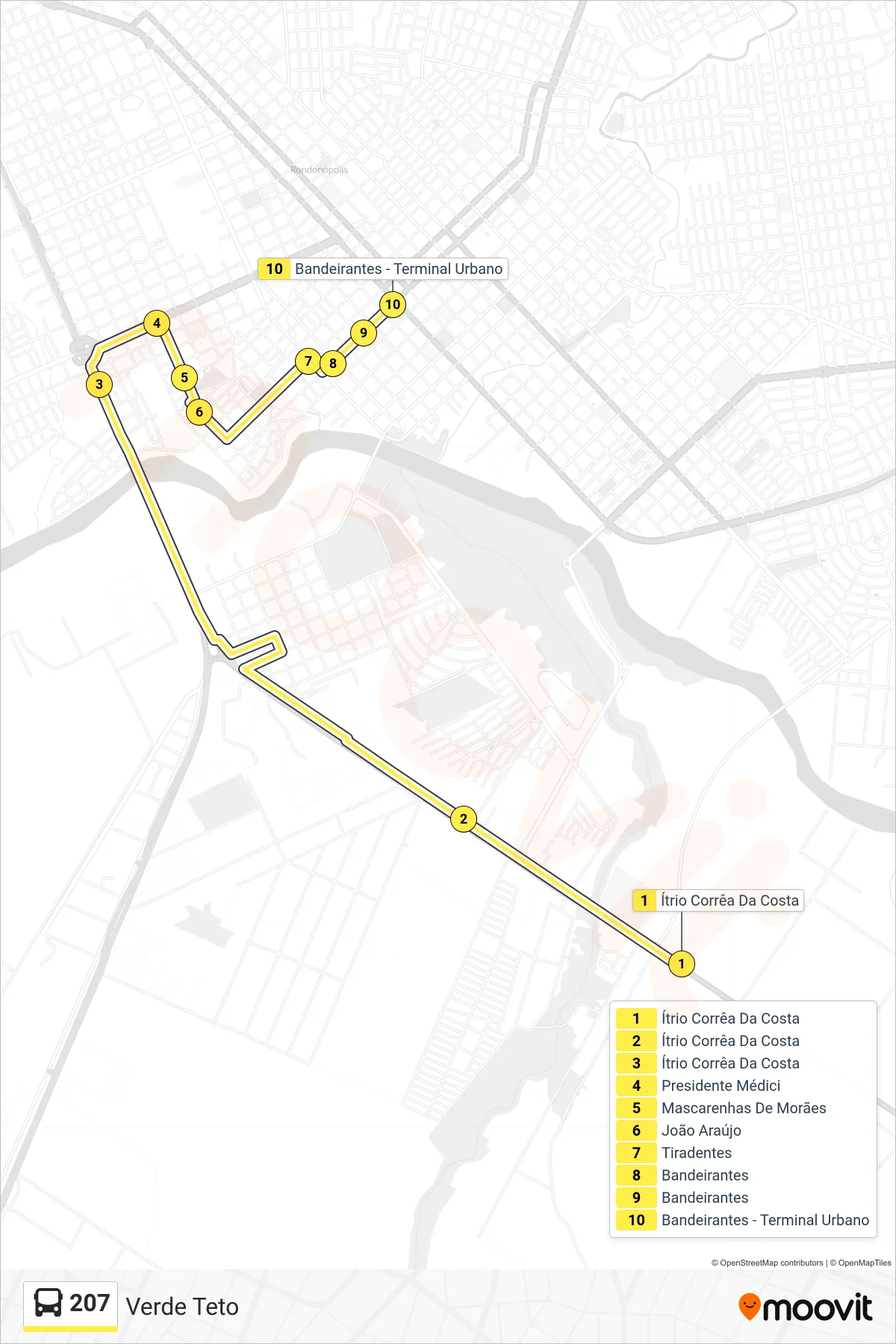 Rota e paradas da linha de ônibus  207  (Centro) no mapa