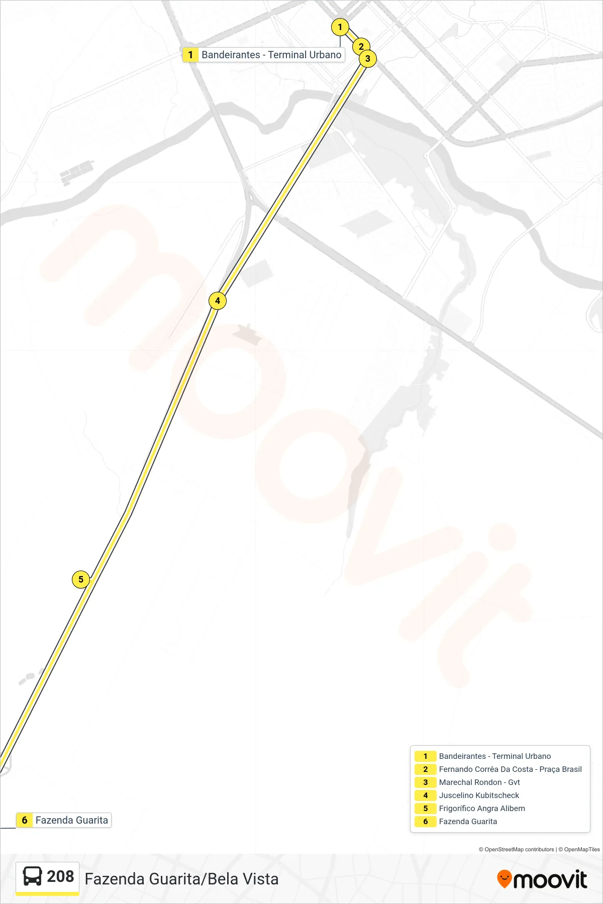 Rota e paradas da linha de ônibus 208 (Fazenda Guarita) no mapa