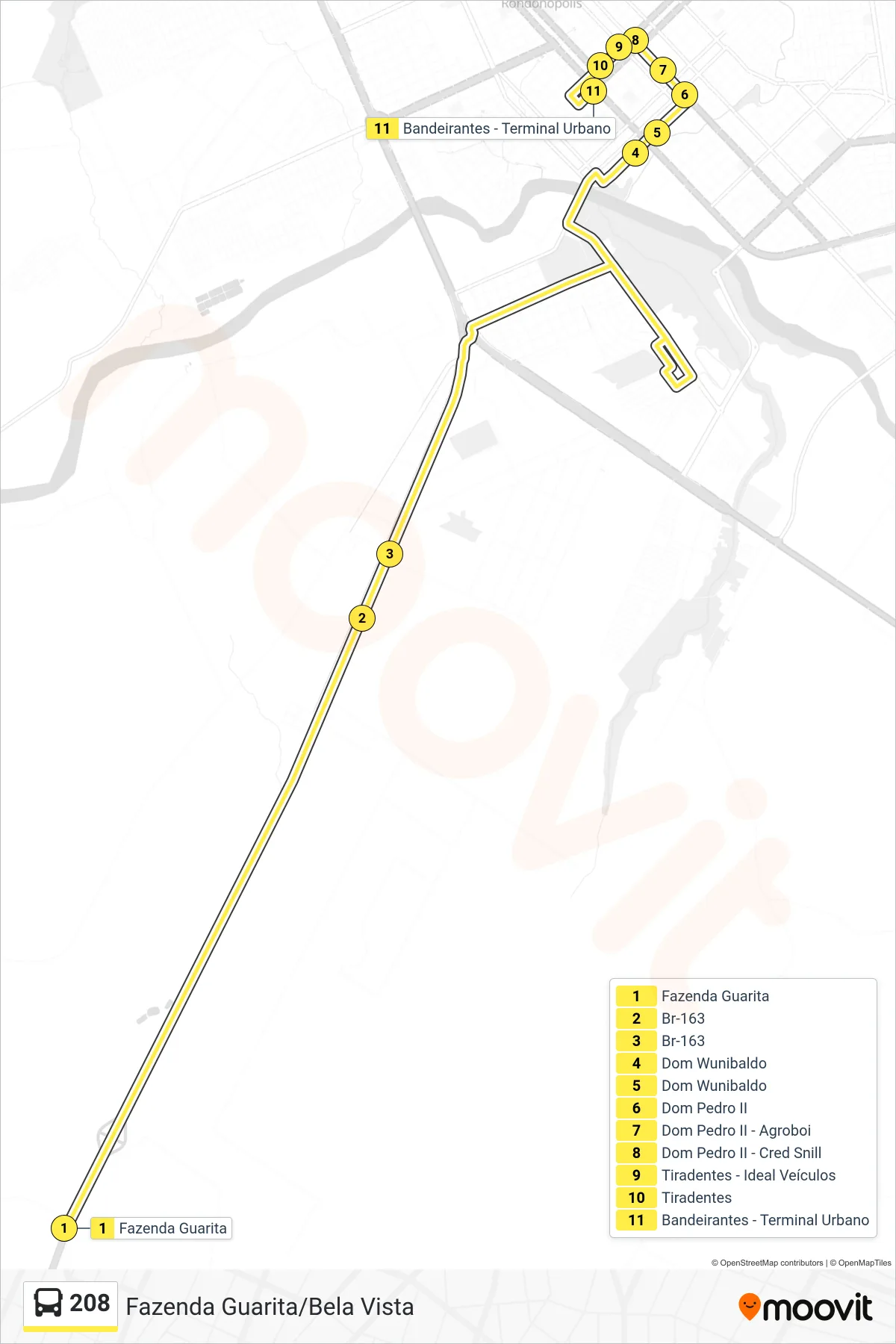 Rota e paradas da linha de ônibus 208 (Centro) no mapa