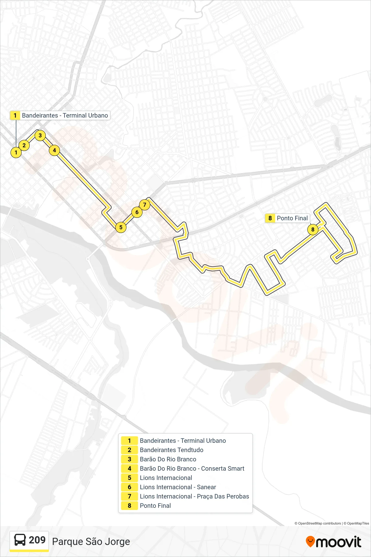 Rota e paradas da linha de ônibus 209 (Parque São Jorge) no mapa
