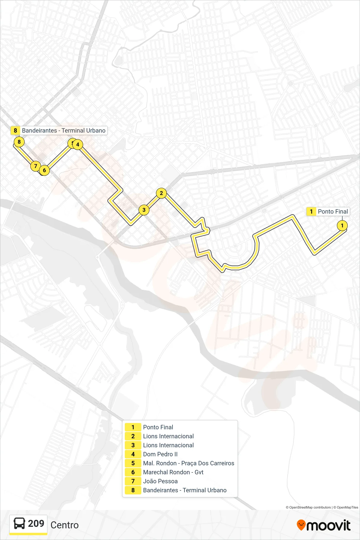 Rota e paradas da linha de ônibus 209 (Centro) no mapa