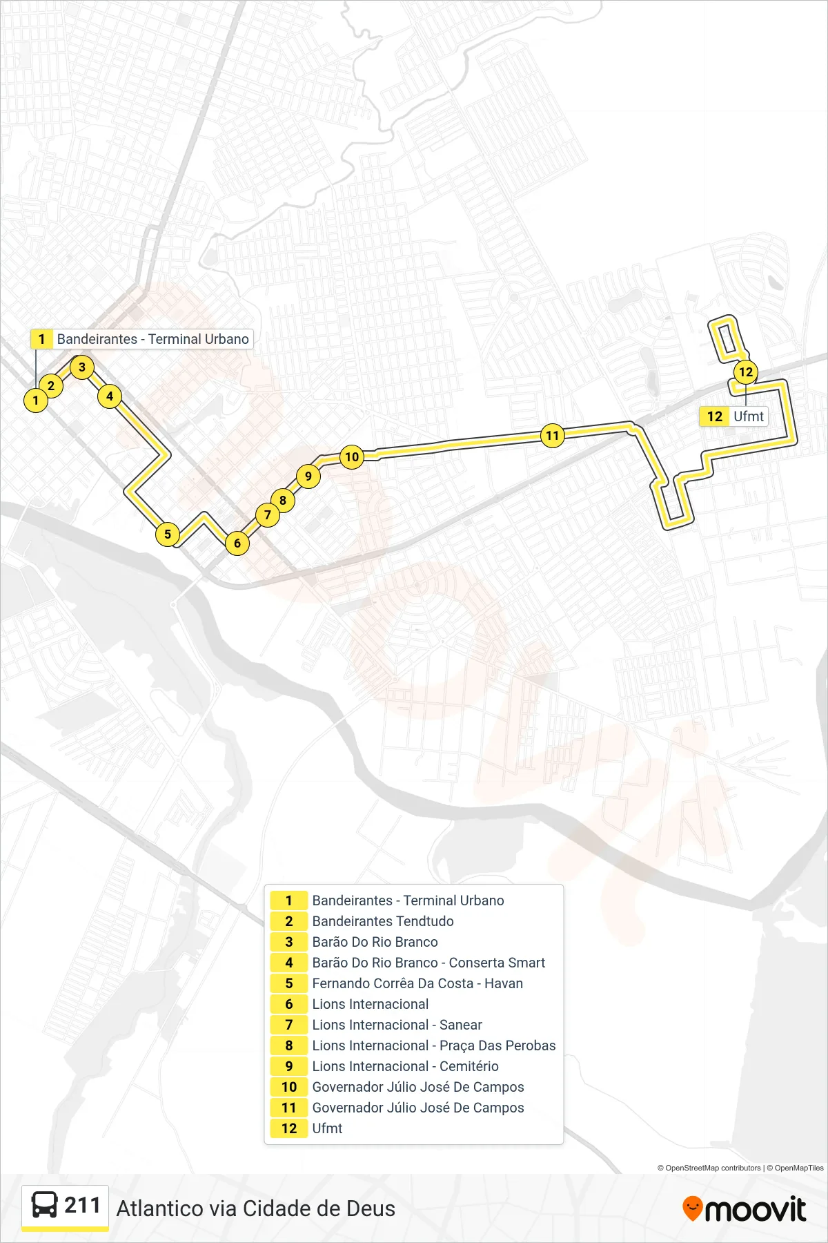Rota e paradas da linha de ônibus 211 (Atlantico) no mapa