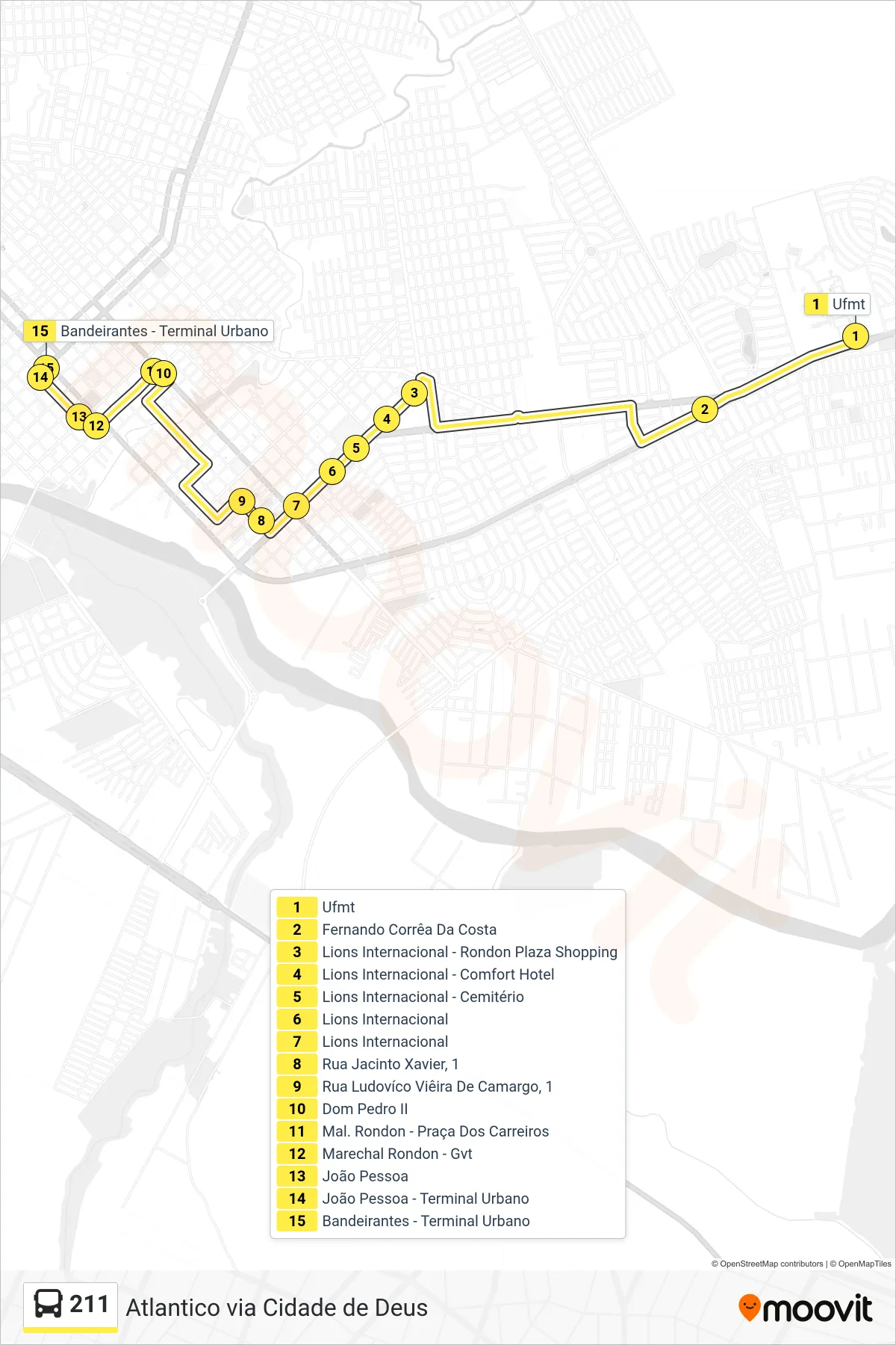 Rota e paradas da linha de ônibus  211  (Centro) no mapa