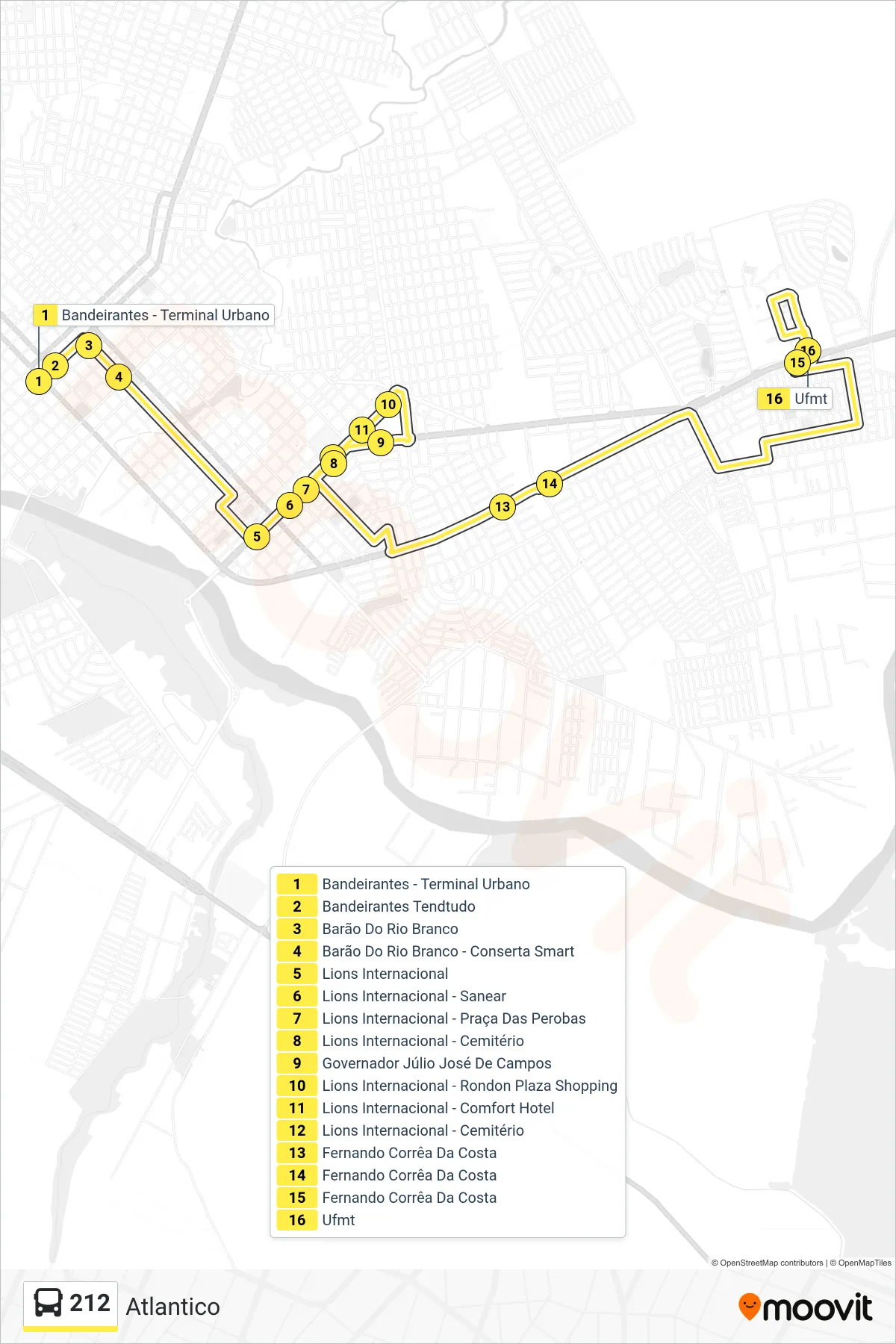Rota e paradas da linha de ônibus  212  (Atlantico) no mapa