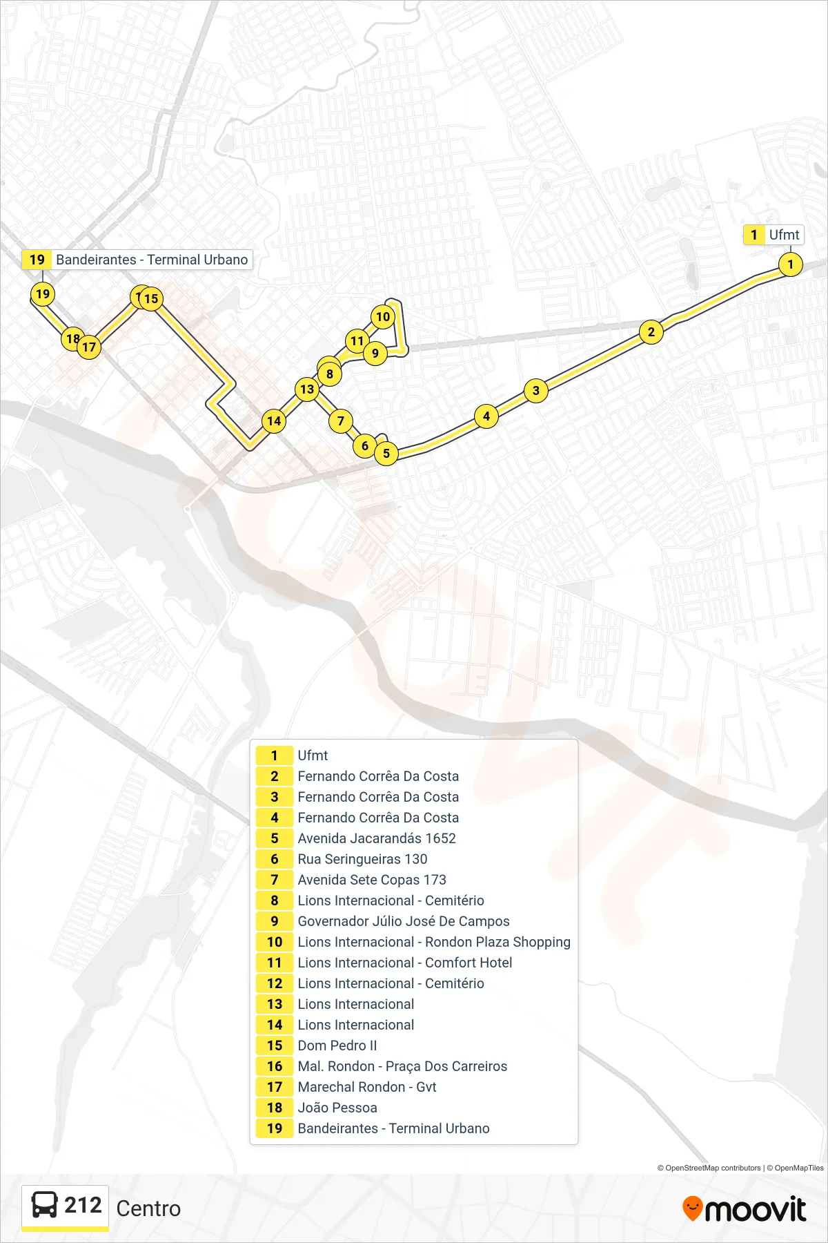 Rota e paradas da linha de ônibus  212  (Centro) no mapa
