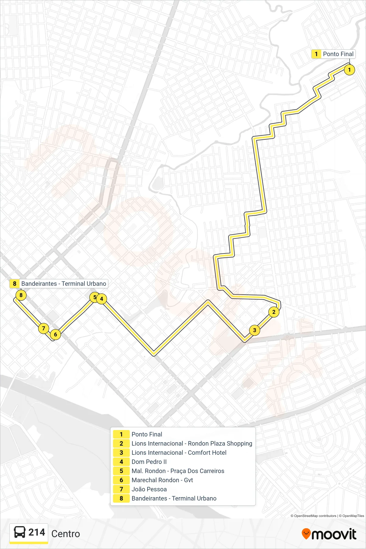 Rota e paradas da linha de ônibus 214 (Centro) no mapa