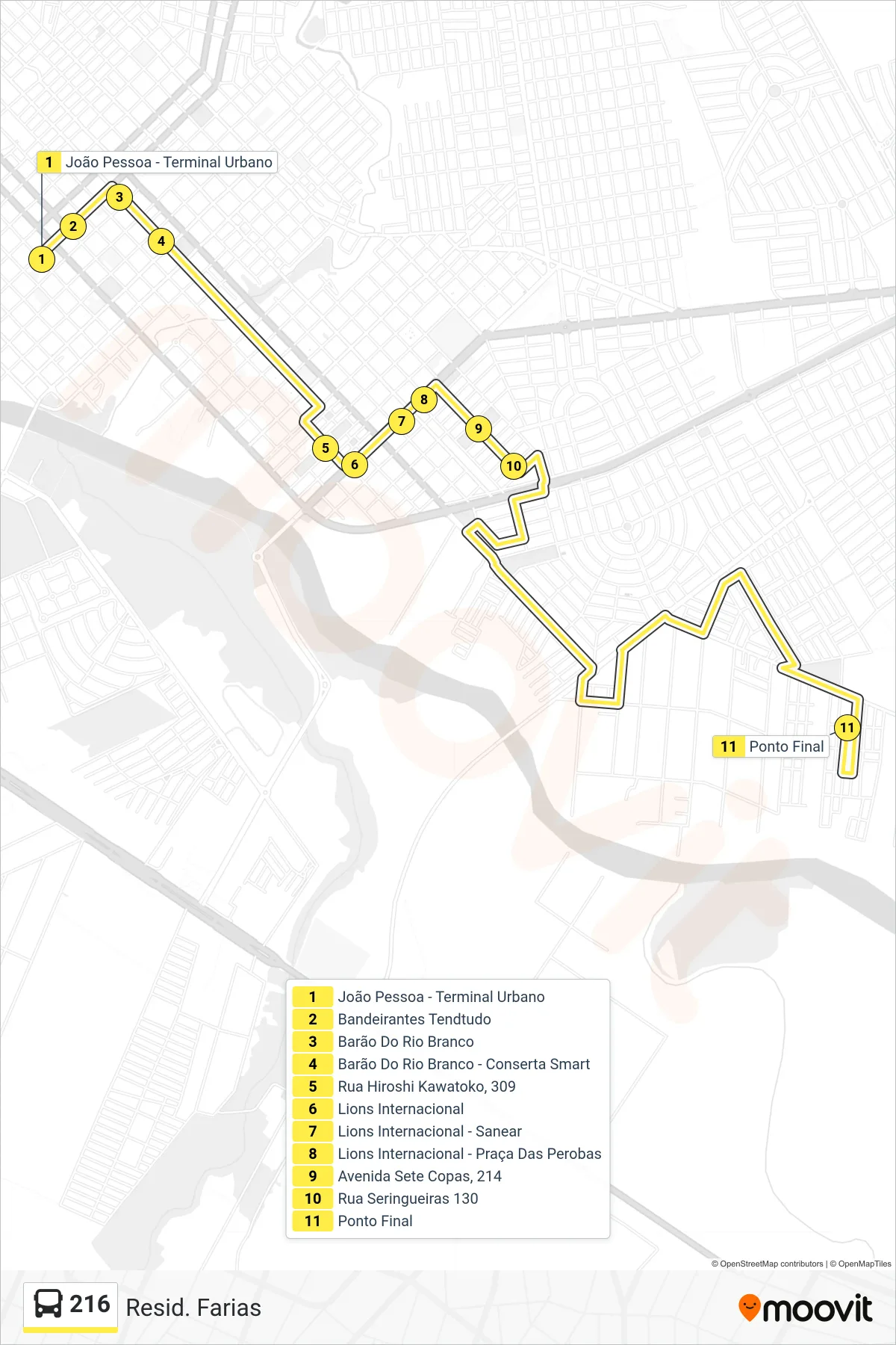 Rota e paradas da linha de ônibus 216 (Residencial Faria) no mapa