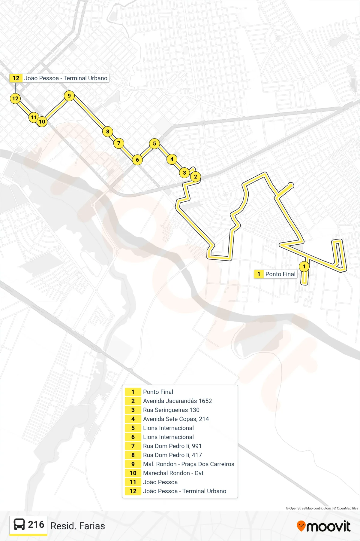 Rota e paradas da linha de ônibus 216 (Centro) no mapa