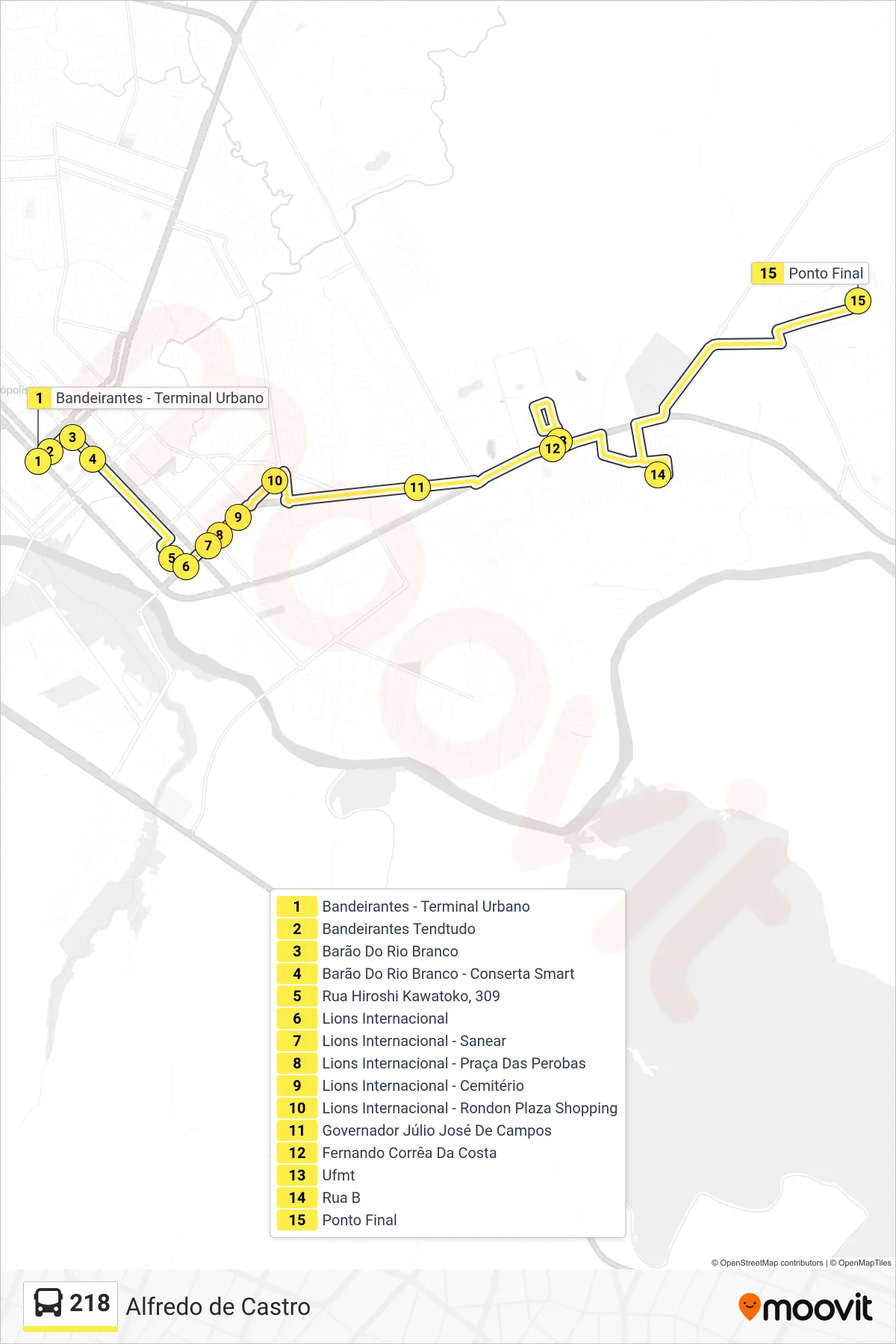 Rota e paradas da linha de ônibus 218 (Alfredo De Castro) no mapa