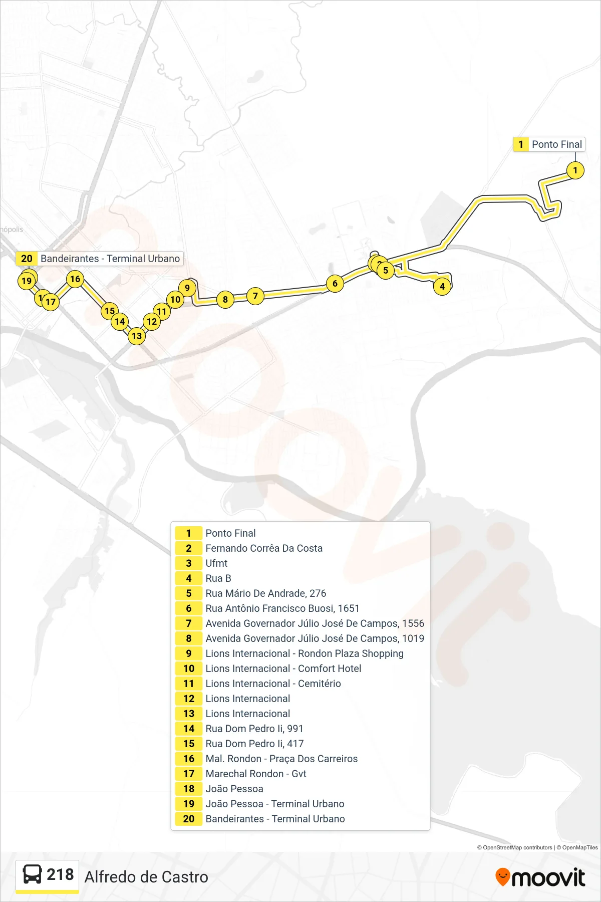 Rota e paradas da linha de ônibus  218  (Ufmt) no mapa