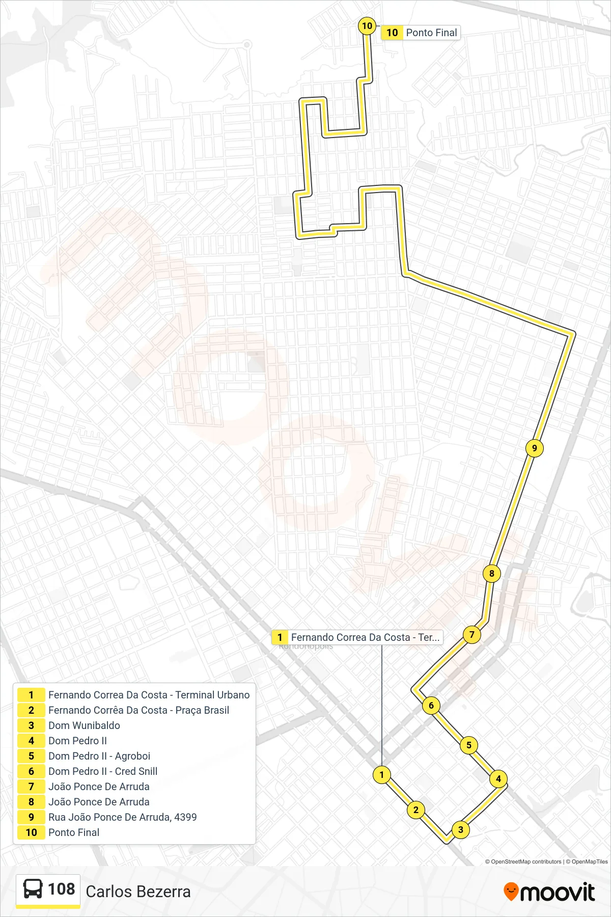 Rota e paradas da linha de ônibus  108  (Carlos Bezerra) no mapa
