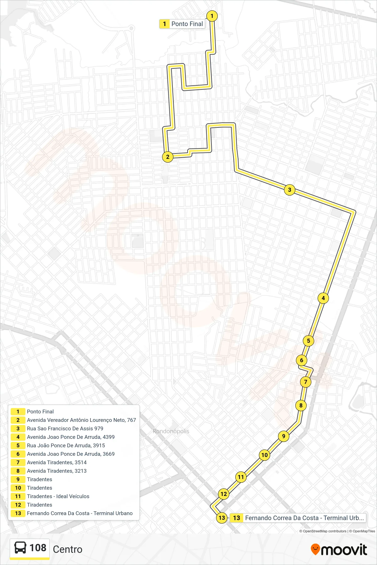Rota e paradas da linha de ônibus  108  (Centro) no mapa