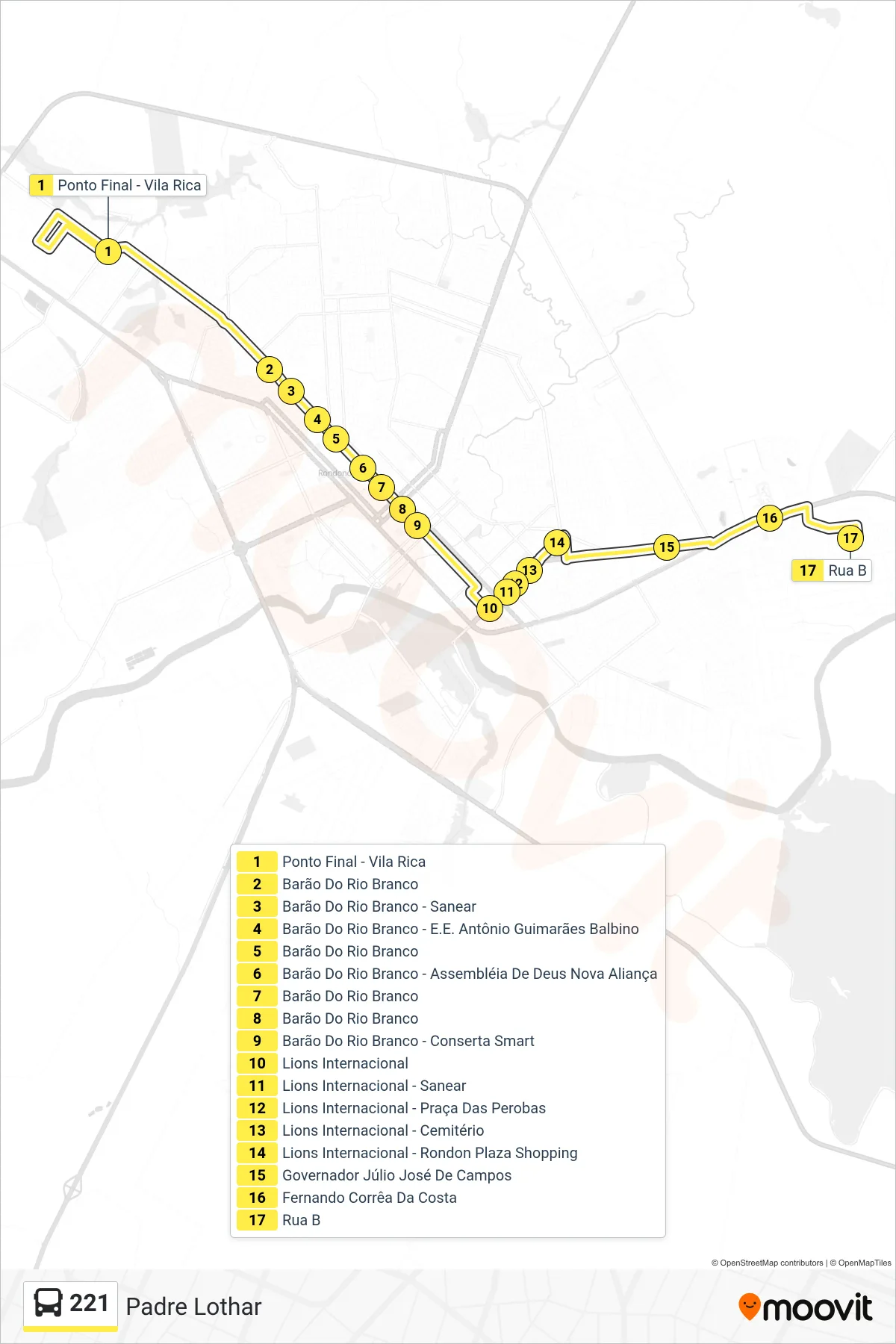 Rota e paradas da linha de ônibus 221 (Ufmt) no mapa