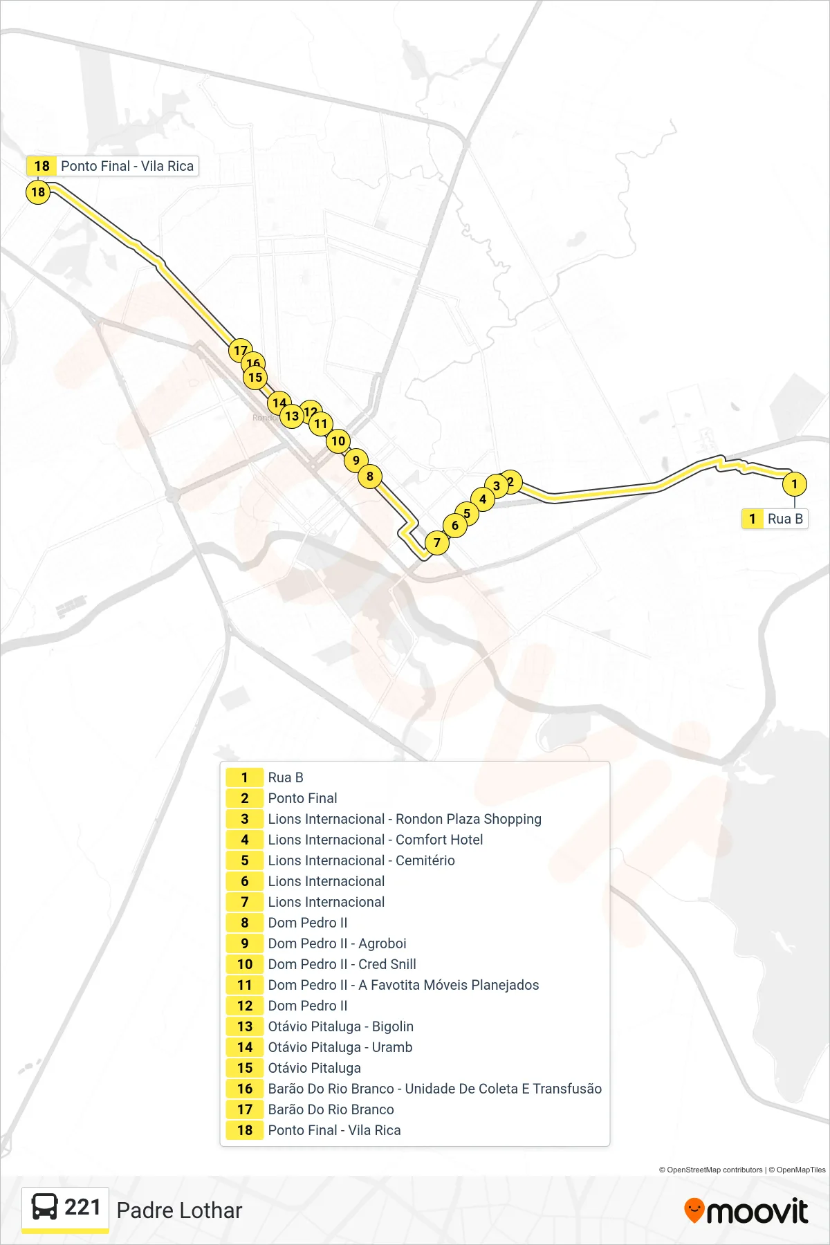 Rota e paradas da linha de ônibus  221  (Vila Rica) no mapa