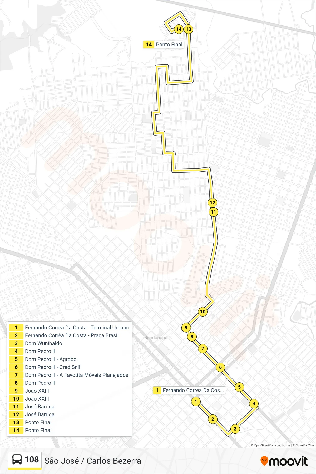 Rota e paradas da linha de ônibus  108  (São José / Carlos Bezerra) no mapa