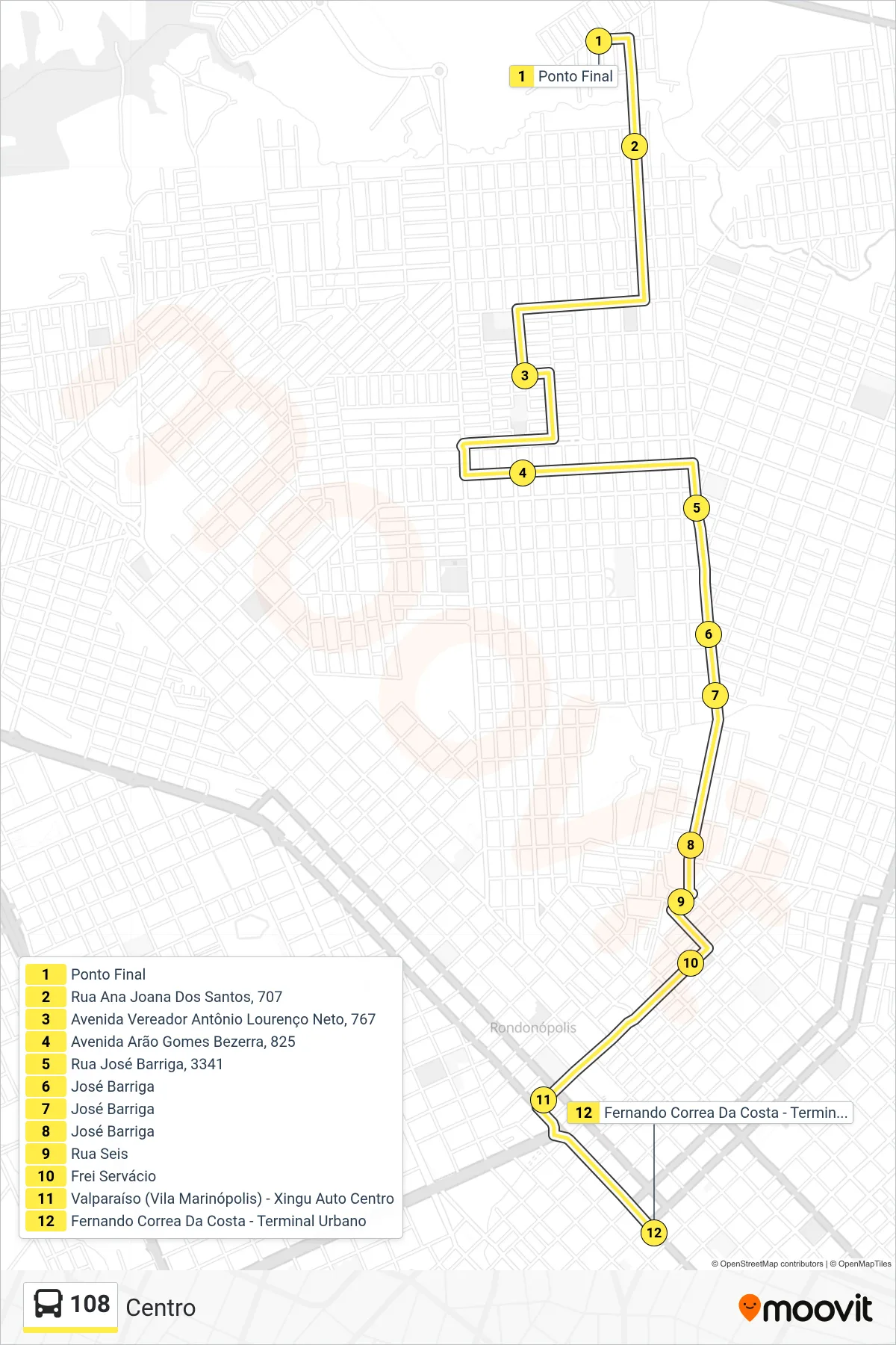Rota e paradas da linha de ônibus  108  (Centro) no mapa