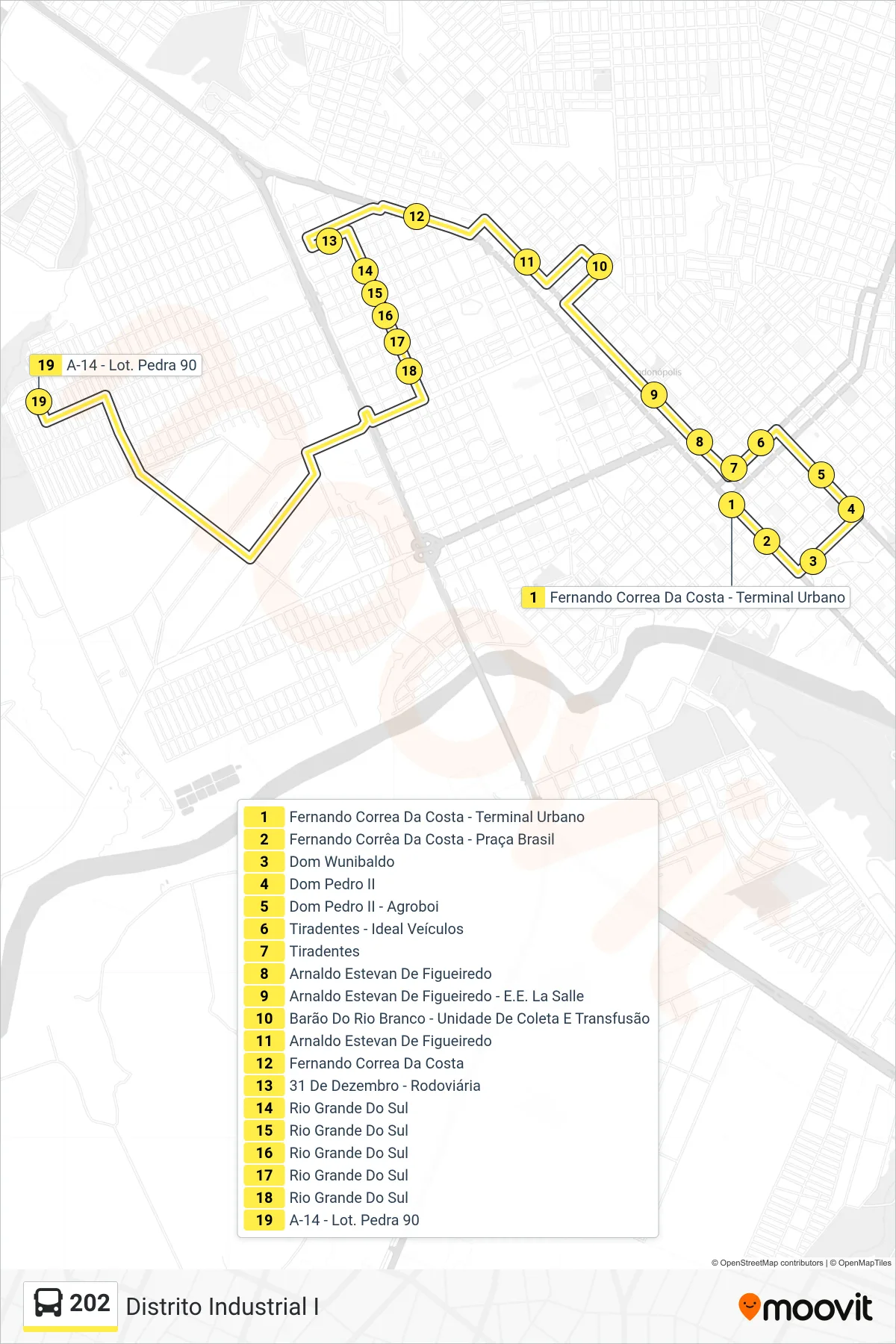 Rota e paradas da linha de ônibus  202  (Rodoviária / Dist. Industrial) no mapa