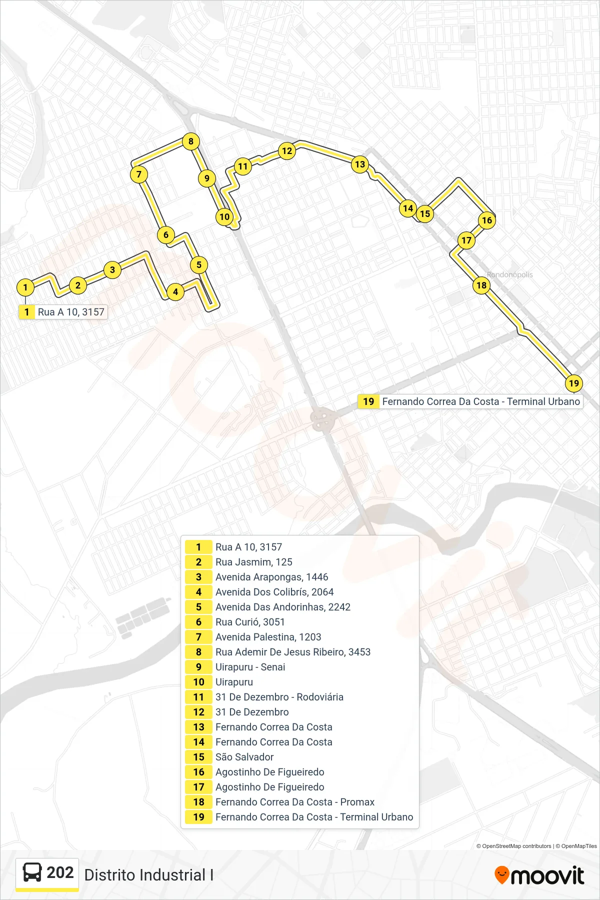 Rota e paradas da linha de ônibus 202 (Centro) no mapa