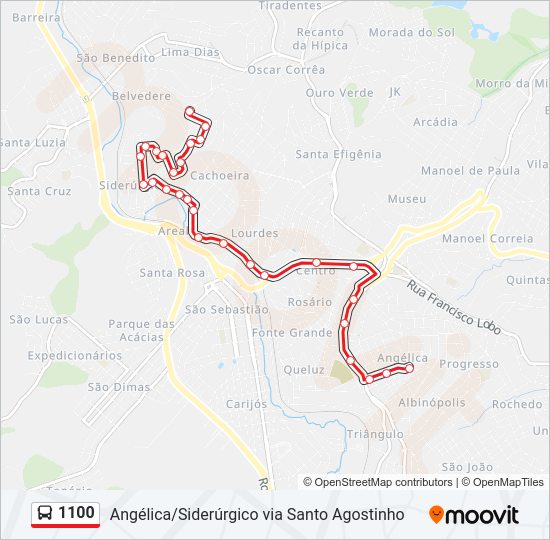 Mapa da linha 1100 de ônibus