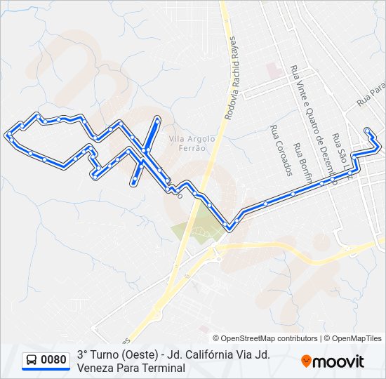 Mapa da linha 0080 de ônibus