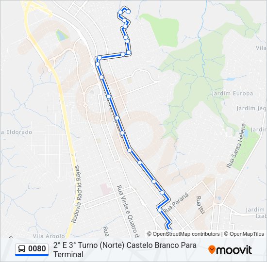 Mapa da linha 0080 de ônibus