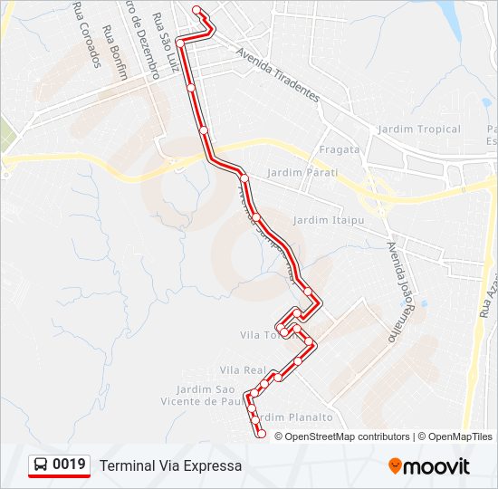 Mapa da linha 0019 de ônibus