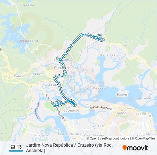 Mapa da linha 13 de ônibus