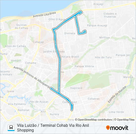 Mapa da linha A893 VILA LUIZÃO / TERMINAL COHAB de ônibus