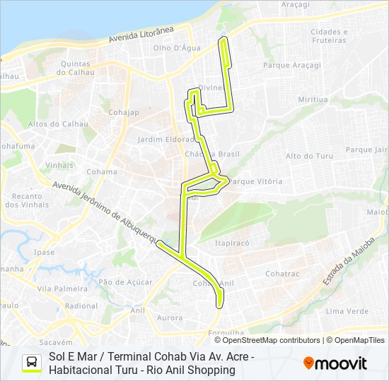 Mapa da linha A886 HABITACIONAL TURU / TERMINAL COHAB de ônibus