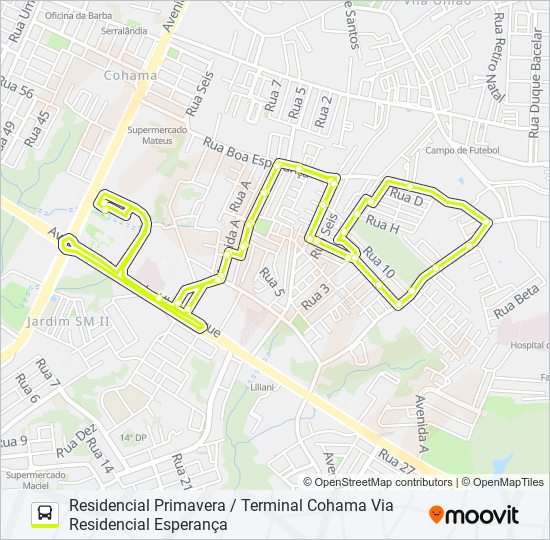 Mapa da linha A552 RESIDENCIAL PRIMAVERA / TERMINAL COHAMA de ônibus