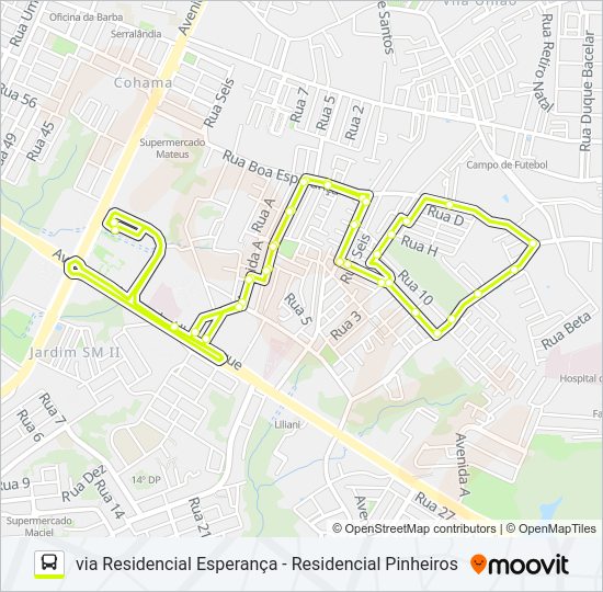 Mapa da linha A552 RESIDENCIAL PRIMAVERA / TERMINAL COHAMA de ônibus