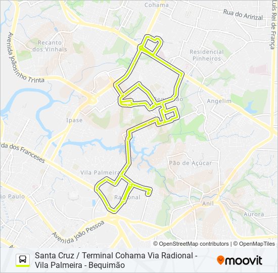 Mapa da linha A556 SANTA CRUZ / BEQUIMÃO / TERMINAL COHAMA de ônibus