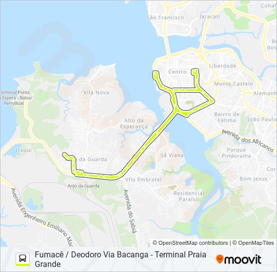 Mapa da linha T304 FUMACÊ / TERMINAL PRAIA GRANDE / DEODORO de ônibus