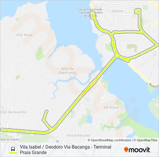 Mapa de T309 VILA ISABEL / TERMINAL PRAIA GRANDE / DEODORO de autobús