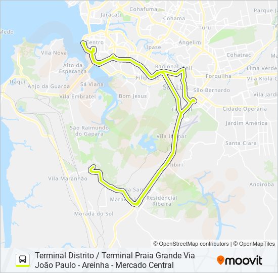 Mapa da linha T036 MARACANÃ / TERMINAL PRAIA GRANDE VIA TERMINAL DISTRITO de ônibus