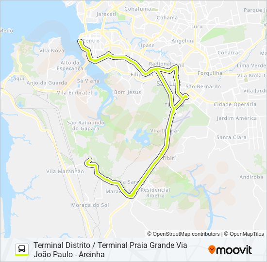 Mapa da linha T036 MARACANÃ / TERMINAL PRAIA GRANDE VIA TERMINAL DISTRITO de ônibus