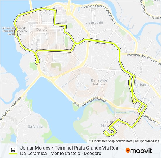 Mapa da linha T621 JOMAR MORAES / VILA DOS NOBRES / TERMINAL PRAIA GRANDE de ônibus