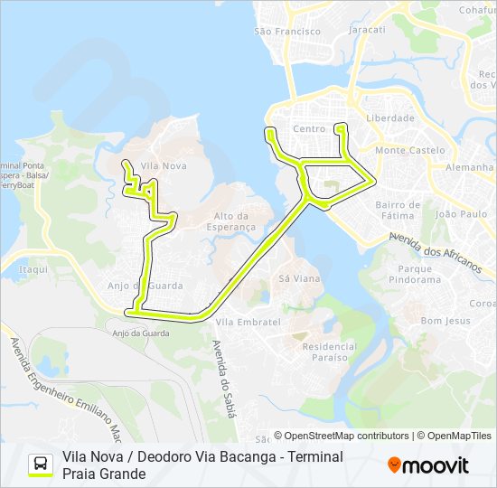 Mapa de T325 ILHA DA PAZ / VILA ARIRI / TERMINAL PRAIA GRANDE / DEODORO de autobús
