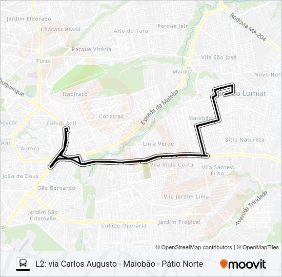 Mapa da linha A993 UPAON AÇU L2 / TERMINAL COHAB de ônibus
