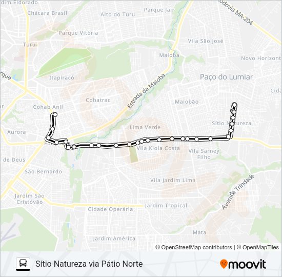 Mapa da linha A971 SÍTIO NATUREZA / TERMINAL COHAB de ônibus