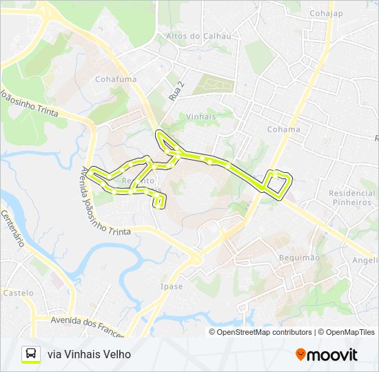 Mapa da linha A555 RECANTO DOS VINHAIS / TERMINAL COHAMA de ônibus