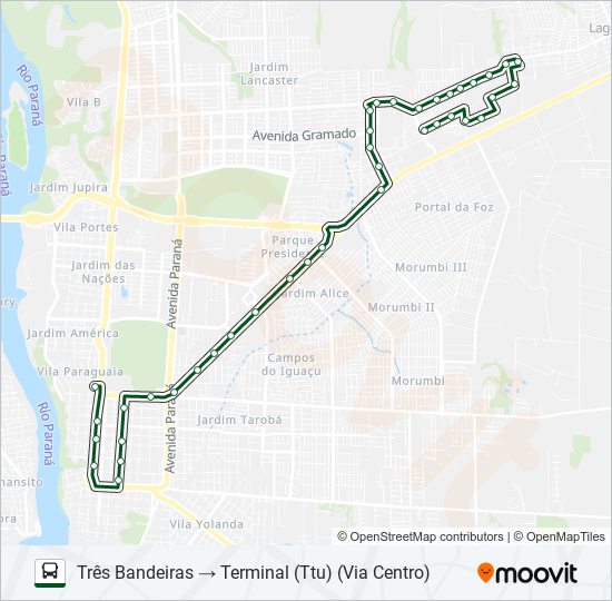 Mapa da linha 0250 TRÊS BANDEIRAS de ônibus