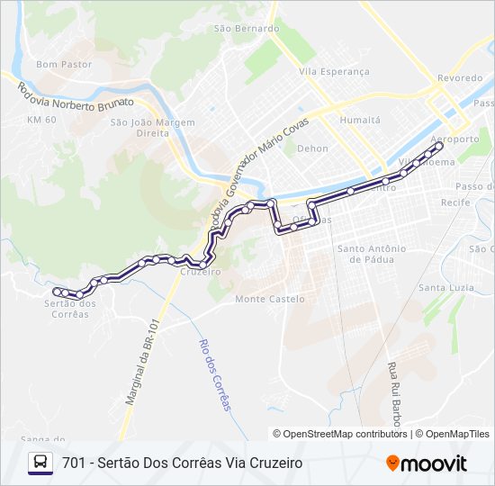 Mapa da linha 701 SERTÃO DOS CORRÊAS de ônibus