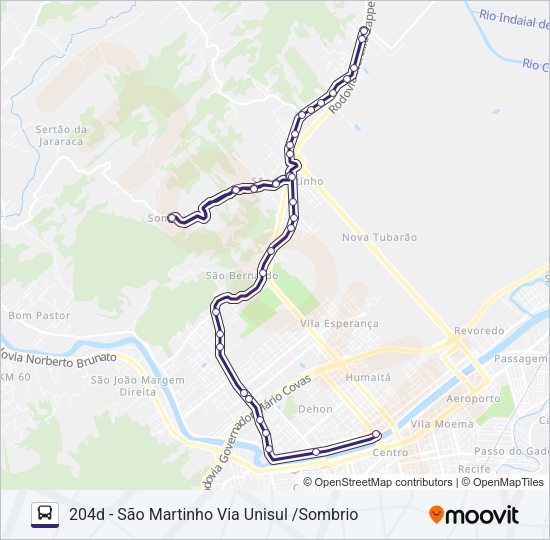 Mapa da linha 204 SÃO MARTINHO VIA UNISUL de ônibus